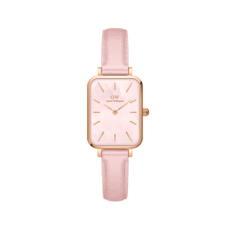 Quadro Cherry Blossom ladies watch featuring a rectangular rose gold case, pastel pink leather strap, and a genuine mother of pearl dial with minimalist gold markers.