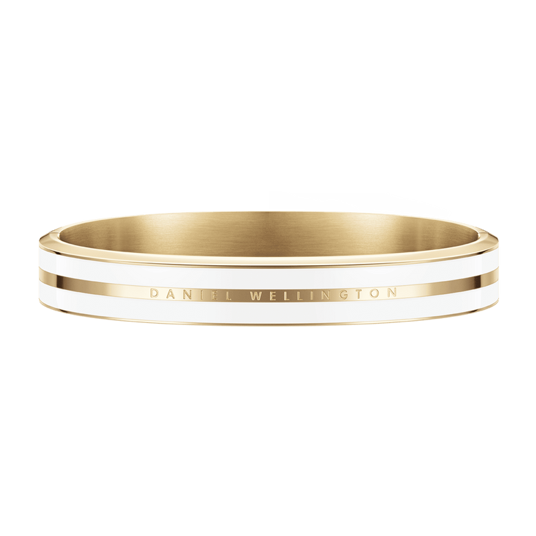 Classic Emalie Infinite Gold Satin White bracelet with a polished gold finish, satin white enamel detailing, and subtle Daniel Wellington branding, designed for a sophisticated and versatile look.