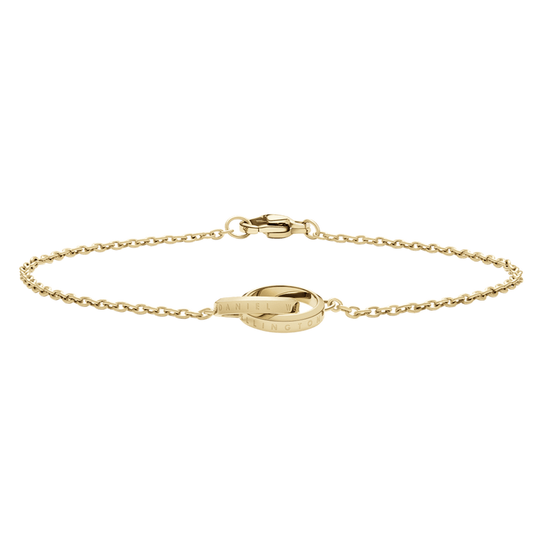 Slim gold Elan Unity Bracelet with a fine chain and two intertwined rings, featuring engraved detailing and a secure clasp, ideal for layering or wearing on its own.