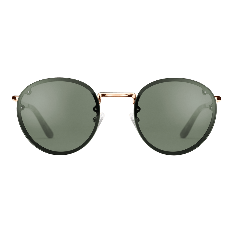 Arch Steel Green Rose Gold sunglasses with round green UV400 lenses and a rose gold plated stainless steel frame, featuring minimalist design and adjustable nose pads for comfortable everyday wear.