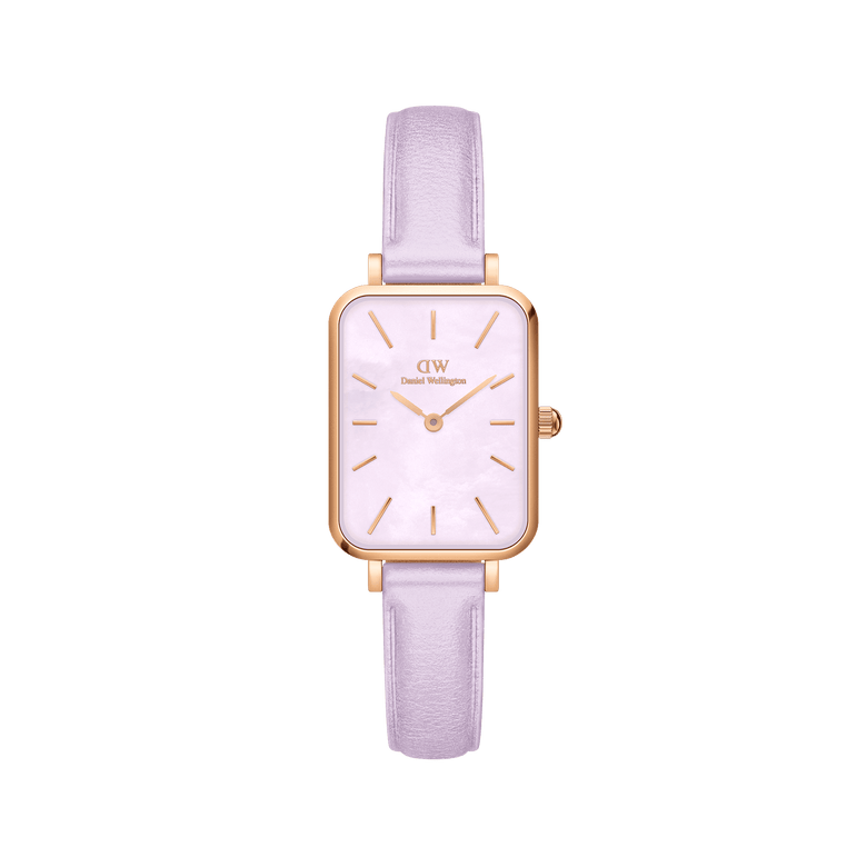 Quadro Lavender MOP Rose Gold ladies watch featuring a rectangular rose gold case, soft lavender mother of pearl dial, and pastel purple leather strap, designed for everyday elegance and comfort.
