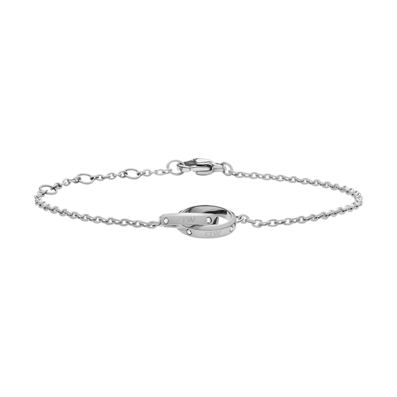 Classic Unity Lumine Silver bracelet featuring intertwined rings, subtle crystal accents, and a fine adjustable chain in polished stainless steel, designed for a refined and minimalist look.