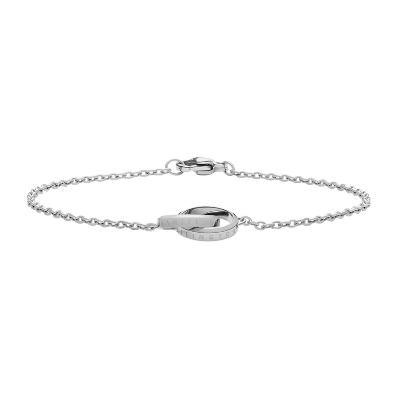 Elegant Elan Unity Bracelet Silver featuring two interlocking rings on a slender silver chain, crafted from stainless steel with a polished finish and a secure clasp.