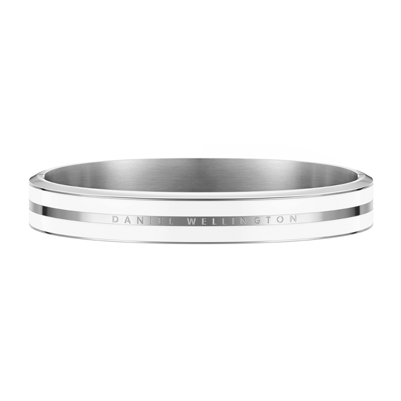 Minimalist Emalie Infinite Silver Satin White bangle with a polished silver finish and satin white enamel, featuring Daniel Wellington branding for a contemporary and elegant touch.