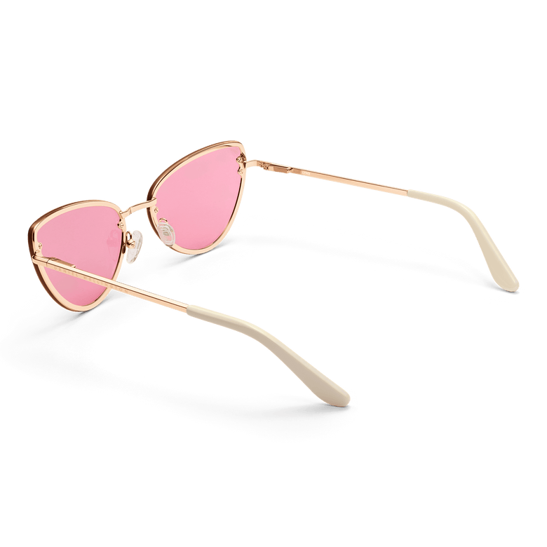 Lynx Steel Pink Gradient Rose Gold sunglasses with rose gold plated stainless steel cat eye frame, pink gradient lenses, adjustable silicone nose pads, and cream acetate temple tips.
