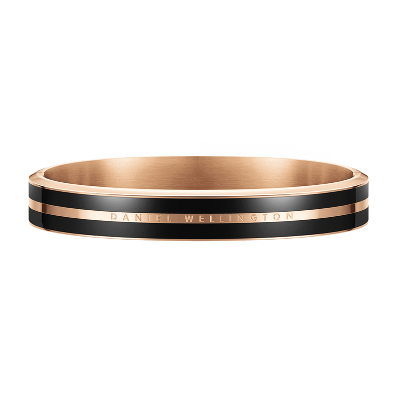 Emalie Infinite Rose Gold Black bracelet featuring a polished rose gold finish, bold black enamel ribbons, and subtle engraved branding, designed in a minimalist bangle style for versatile everyday wear.