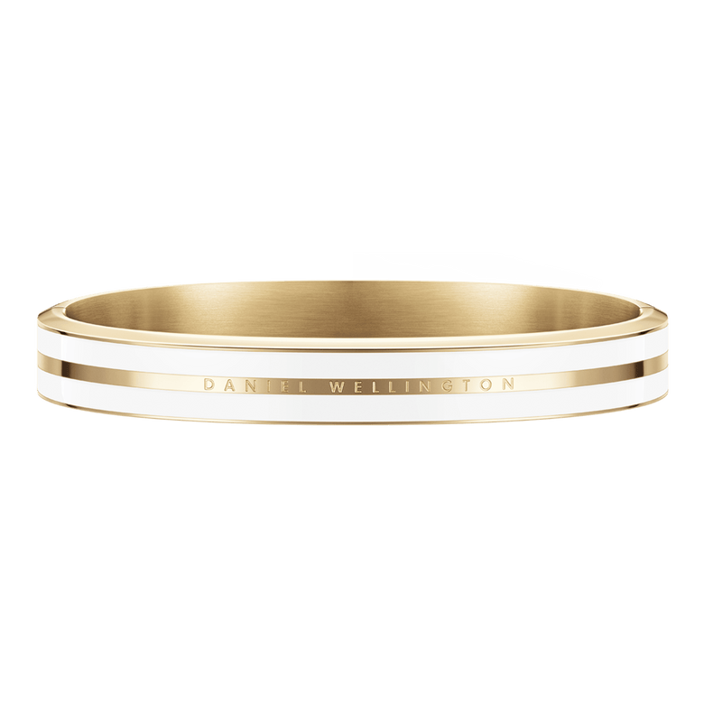 Elegant Emalie Infinite Gold Satin White bracelet with a gold-tone stainless steel finish, satin white enamel accents, and understated Daniel Wellington branding, perfect for pairing with both casual and formal outfits.
