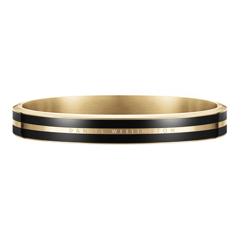 Emalie Infinite Gold Black bracelet featuring polished gold stainless steel and deep black enamel, with minimalist engraved branding and a seamless bangle silhouette.