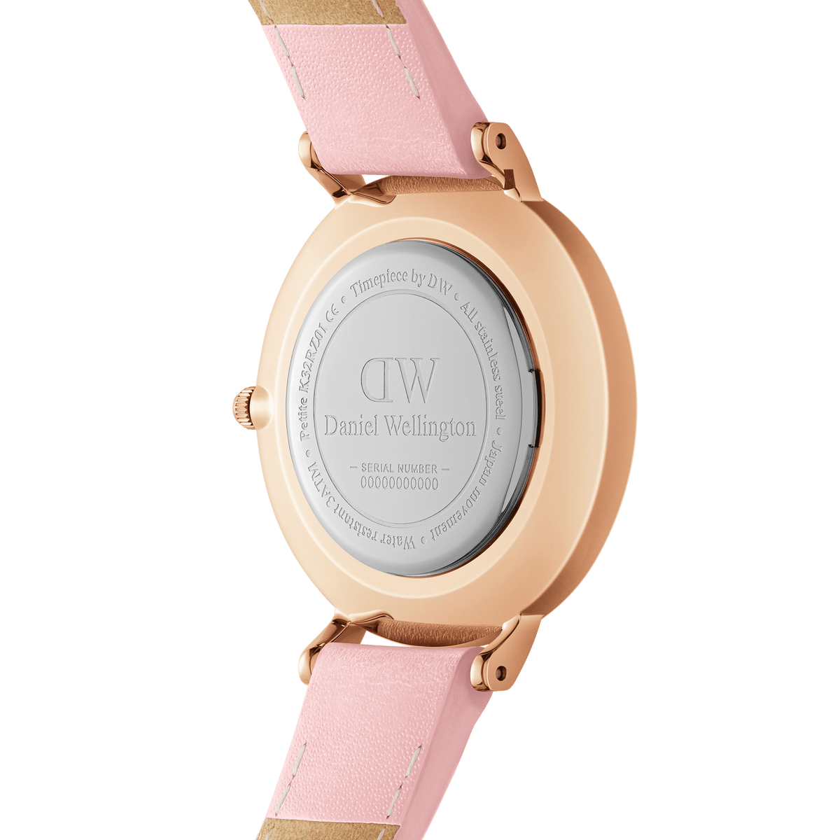 Close-up of the back of the Petite Cherry Blossom ladies watch, showing the rose gold plated stainless steel case and pastel pink leather strap, highlighting its quality craftsmanship and engraved details.