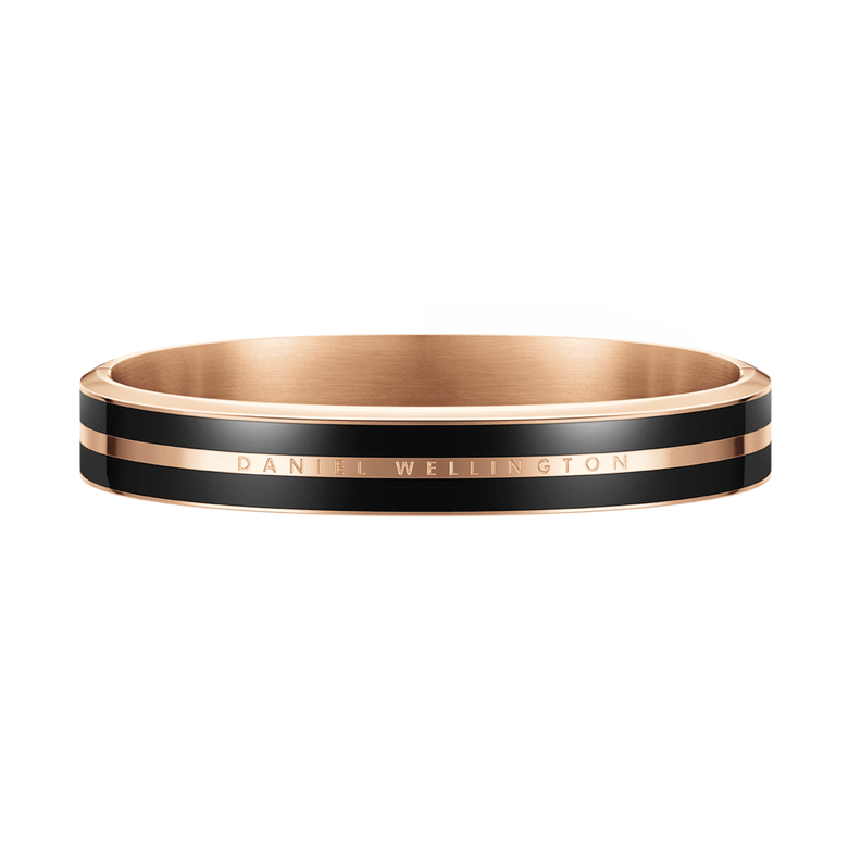 Emalie Infinite Rose Gold Black bracelet with a sleek rose gold band, bold black enamel detailing, and engraved branding, crafted for a modern and versatile look.