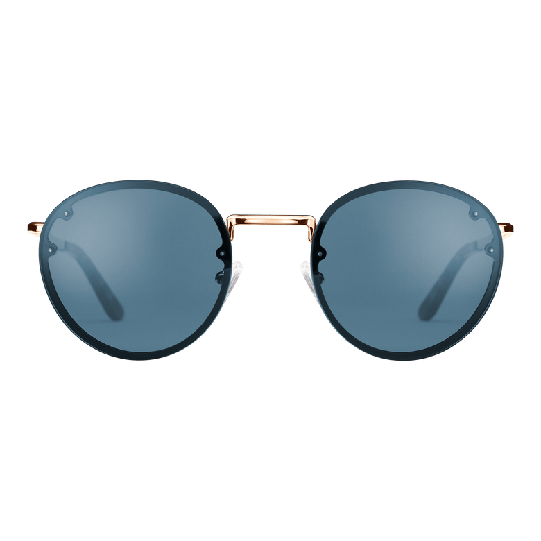 Arch Steel Blue Rose Gold sunglasses with round blue UV400 nylon lenses and a minimalist rose gold plated stainless steel frame, shown from the front.