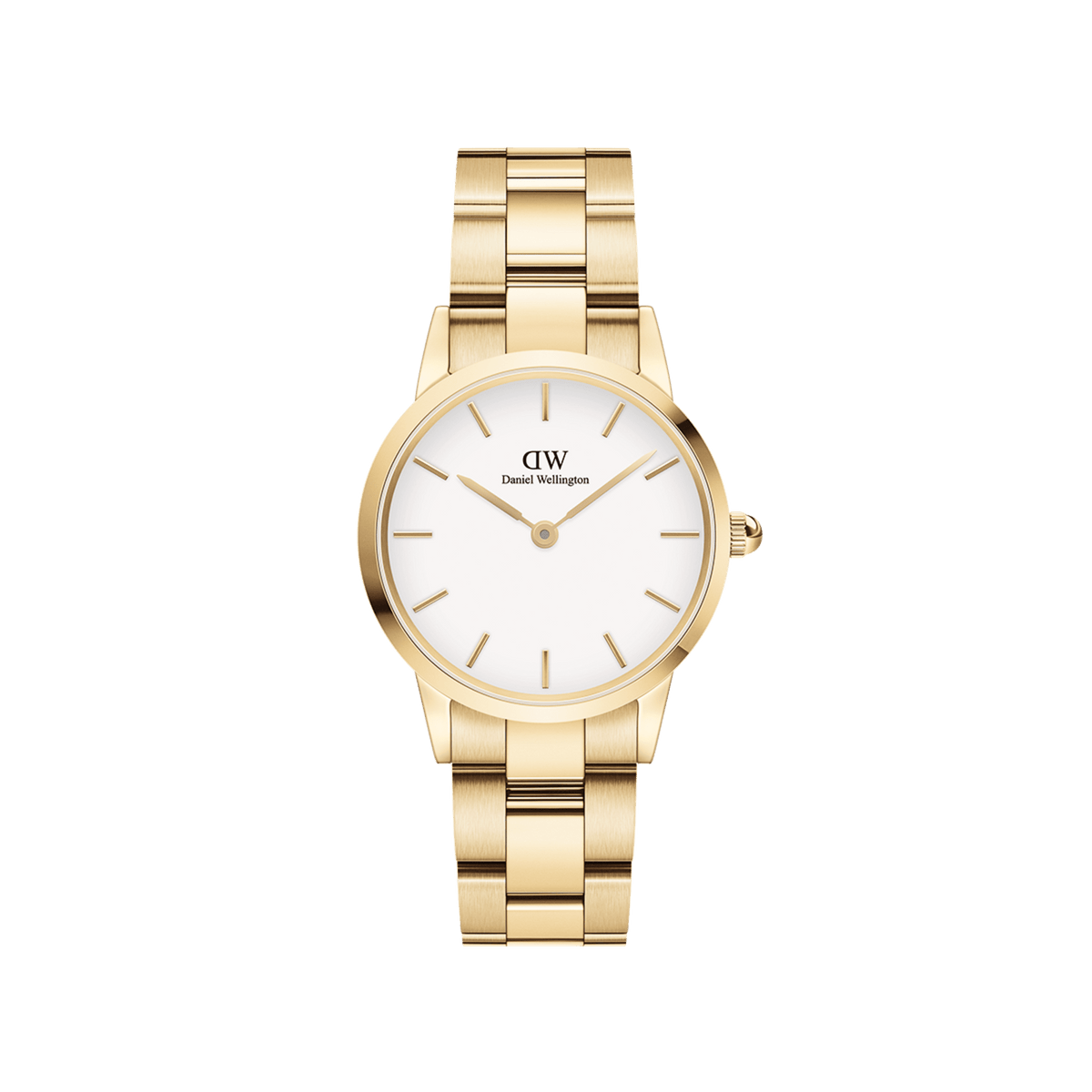 Iconic Link Gold ladies watch with a gold stainless steel bracelet and a clean eggshell white dial, featuring minimalist gold hour markers and a secure clasp for everyday style.