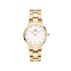 Iconic Link Gold ladies watch with a gold stainless steel bracelet and a clean eggshell white dial, featuring minimalist gold hour markers and a secure clasp for everyday style.