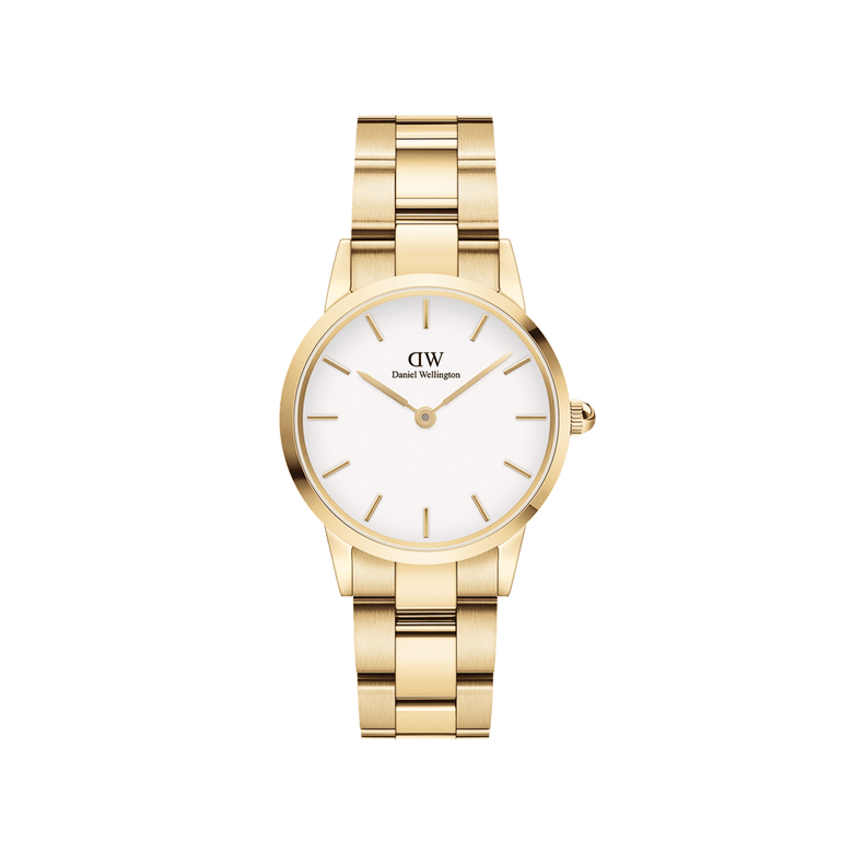 Iconic Link Gold ladies watch with a gold stainless steel bracelet and a clean eggshell white dial, featuring minimalist gold hour markers and a secure clasp for everyday style.