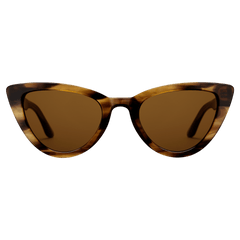 Lynx Bio-Acetate Brown Demi sunglasses with a bold cat eye shape, featuring a brown demi frame and amber lenses for UV400 protection and stylish everyday wear.