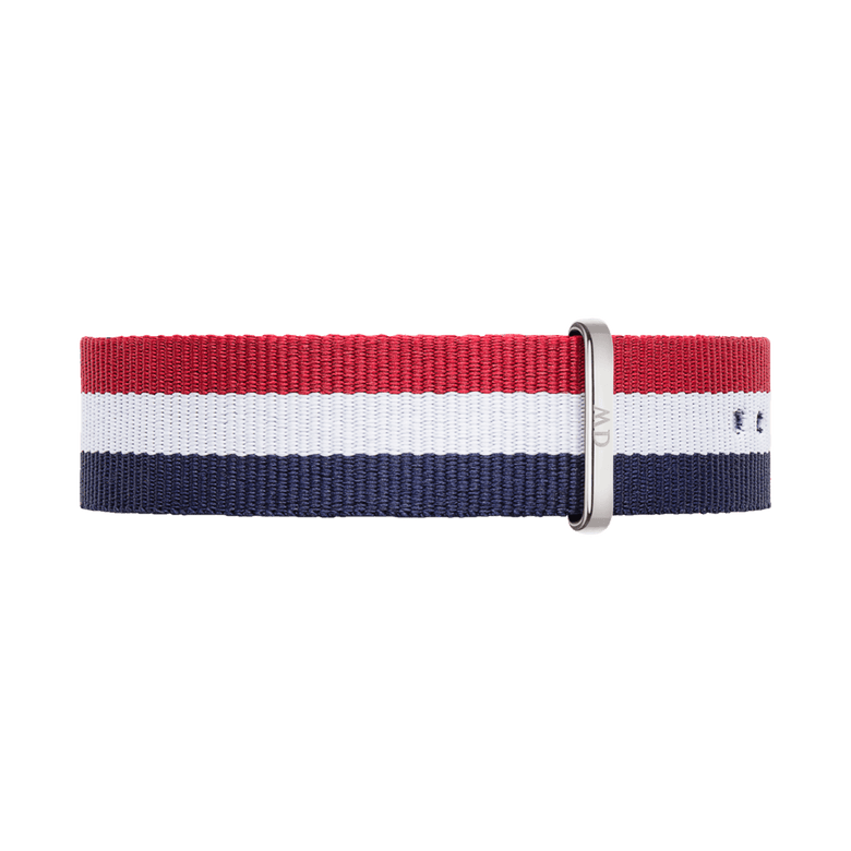 Cambridge Strap Silver features a 20mm NATO style watch strap in bold red, white, and blue stripes with a silver buckle, crafted from durable polyester for a comfortable and stylish fit.