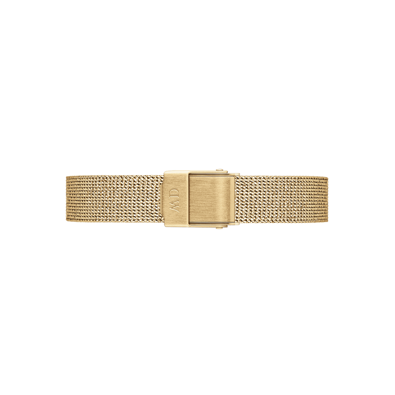 Pressed Evergold Strap Gold features a slim, 10mm gold mesh design with a pressed texture and a fold-over clasp, offering a refined and elegant look for smaller watch dials. The stainless steel mesh construction ensures comfort and breathability, making it ideal for daily wear.