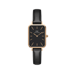 Quadro Pressed Sheffield B 29x36,5 Rose Gold ladies watch featuring a rectangular black dial, rose gold case, and slim black leather strap, showcasing a minimalist and elegant design suitable for everyday wear.