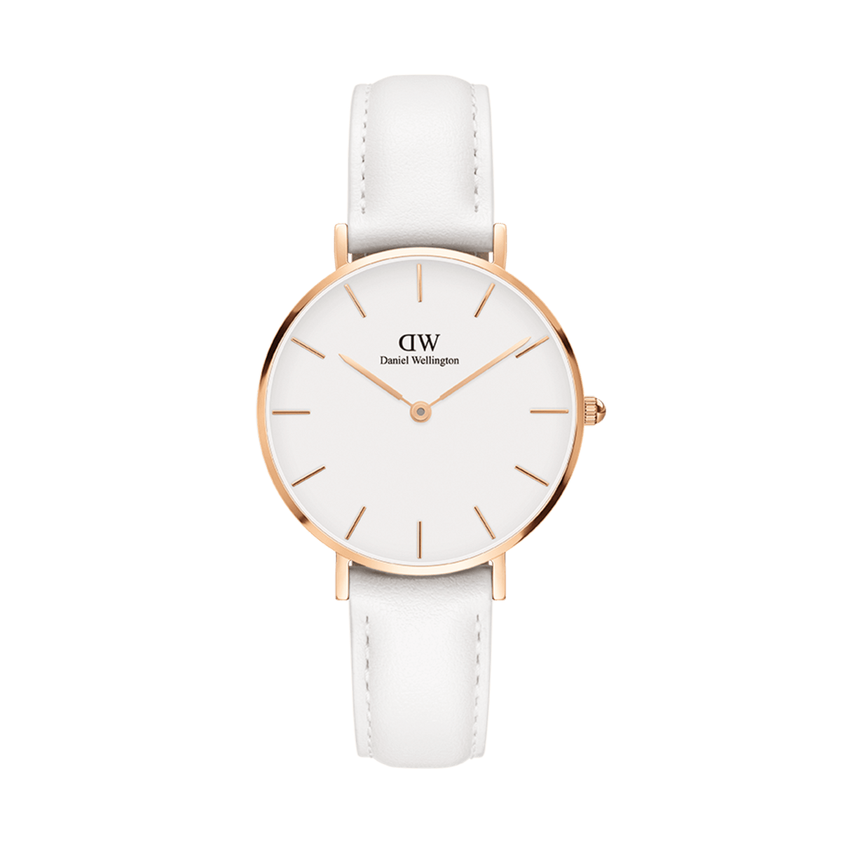 Petite Bondi Rose Gold women's watch with a slim white leather strap, minimalist eggshell white dial, and rose gold case, featuring simple hour markers for a refined and modern look.