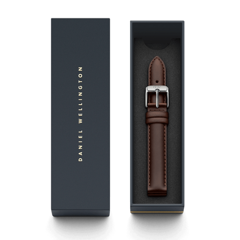 Bristol Strap Silver brown leather watch strap with a polished silver buckle, presented in a sleek Daniel Wellington branded gift box.