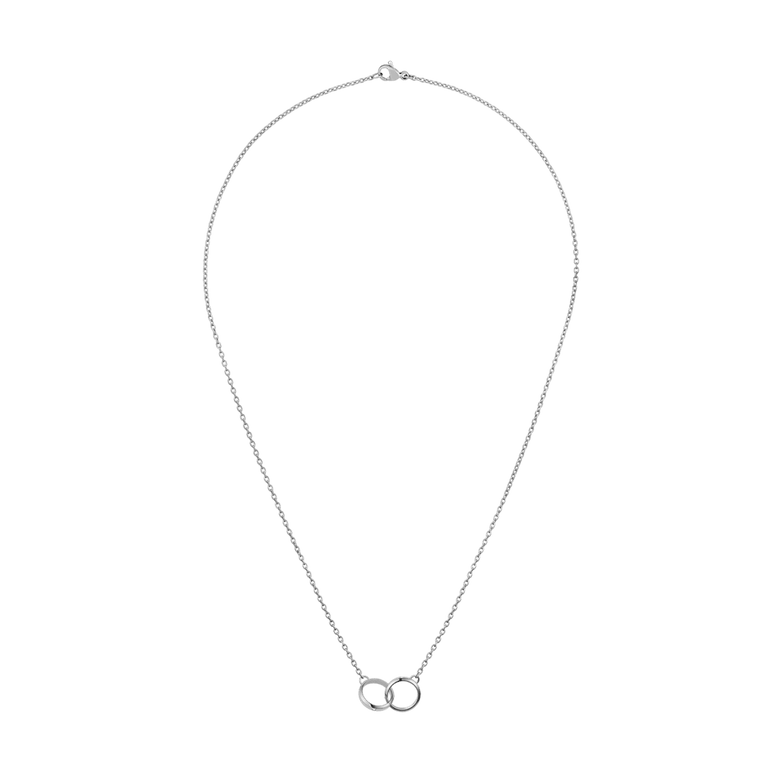 Classic Lumine Unity Silver necklace with a fine adjustable silver chain and two interlocking rings as a minimalist pendant, designed for versatile everyday or special occasion wear.