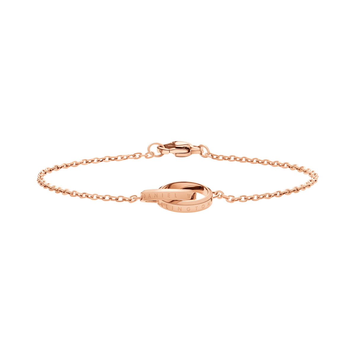 Rose gold Elan Unity Bracelet featuring two interlocking rings on a slim chain, crafted from stainless steel with a polished finish and secure clasp.