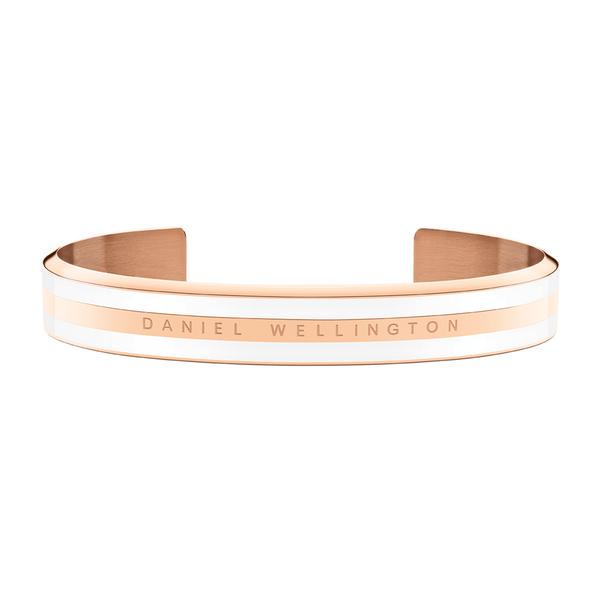 Minimalist rose gold cuff bracelet with satin white enamel detailing, featuring the Daniel Wellington logo engraved on the front.
