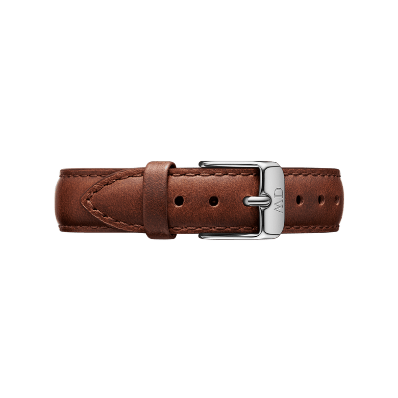 St Mawes Strap Silver in brown genuine leather with detailed stitching and a polished silver buckle, shown flat to highlight its classic design and adjustable fit.