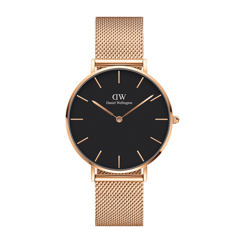 Petite Melrose Black Rose Gold watch with a matte black dial, slim rose gold hands and hour markers, and an adjustable rose gold mesh strap, ideal for both formal and casual wear.