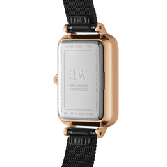 Back view of the Quadro Pressed Ashfield B 29x36,5 Rose Gold watch showing the stainless steel case, engraved details, and adjustable black mesh strap.