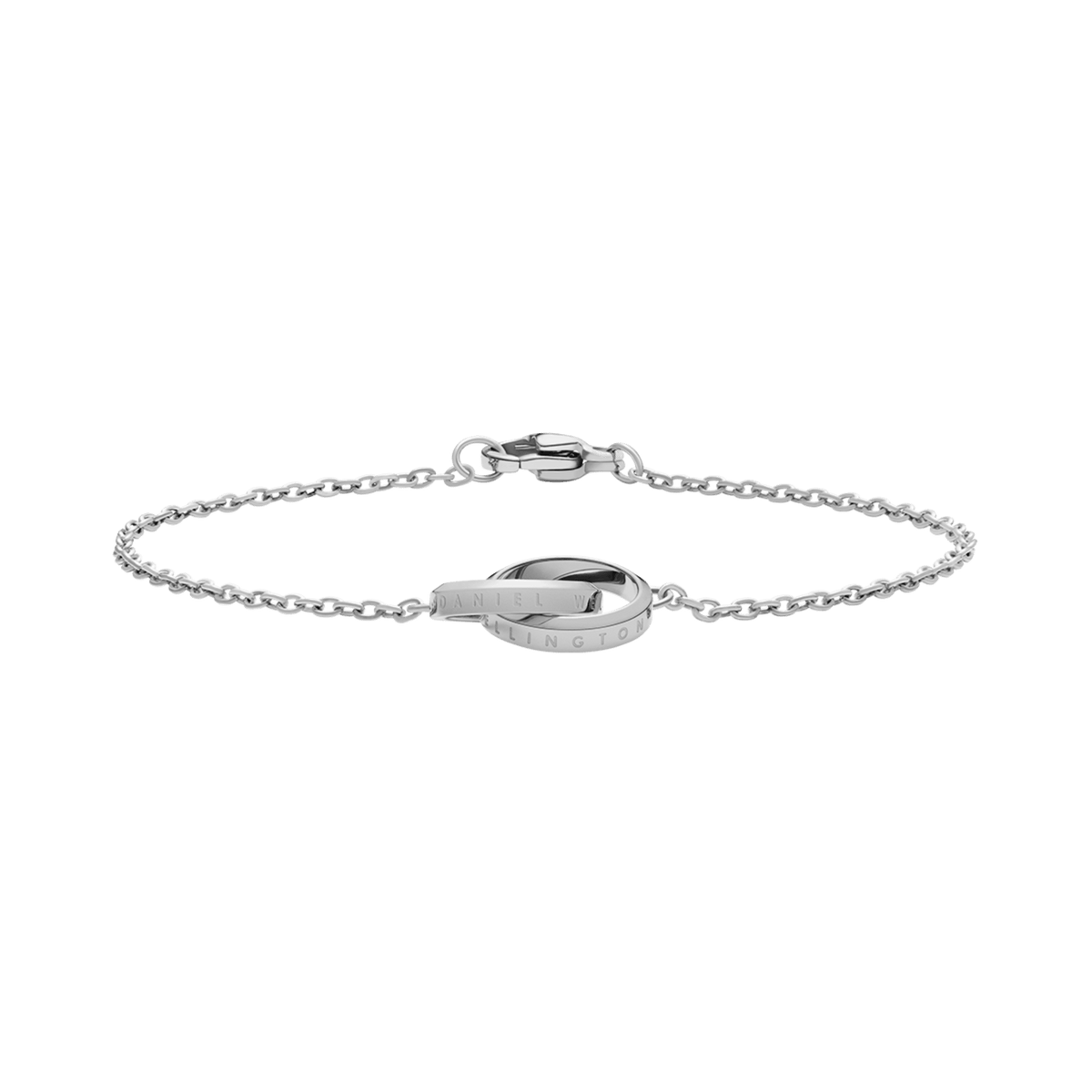 Slim silver chain bracelet featuring two interlocking polished rings as a pendant, crafted from stainless steel with a secure clasp and minimalist design suitable for everyday wear.