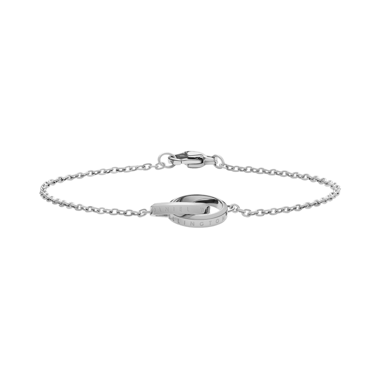 Slim silver chain bracelet featuring two interlocking polished rings as a pendant, crafted from stainless steel with a secure clasp and minimalist design suitable for everyday wear.