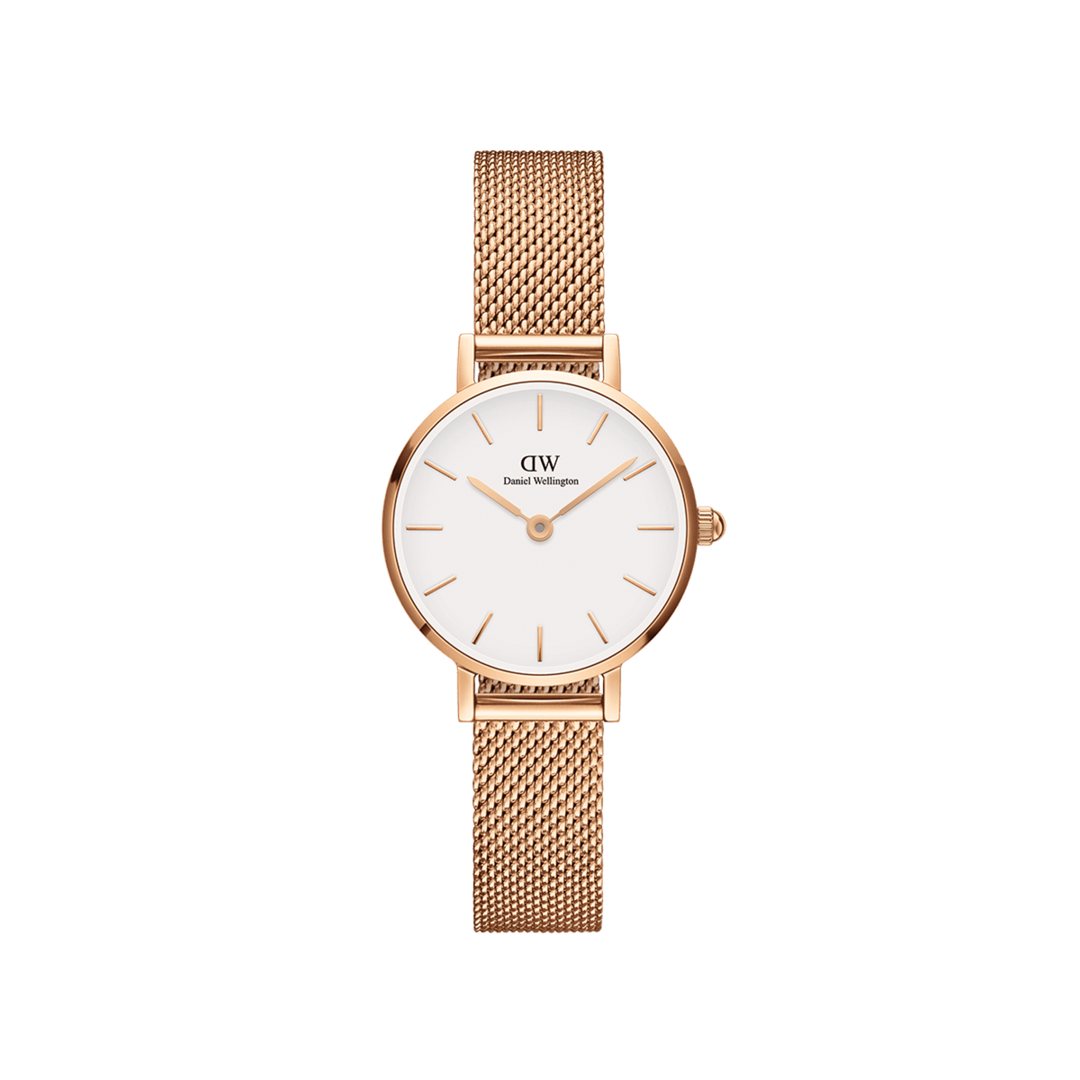 Petite Melrose Rose Gold women’s watch with an eggshell white dial and slim rose gold mesh strap, featuring minimalist hour markers and a comfortable, adjustable bracelet suitable for small wrists.
