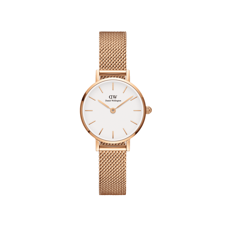 Petite Melrose Rose Gold women’s watch with an eggshell white dial and slim rose gold mesh strap, featuring minimalist hour markers and a comfortable, adjustable bracelet suitable for small wrists.