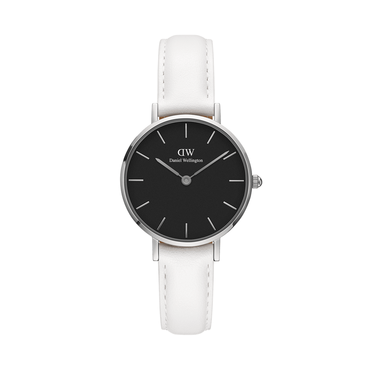 Petite Bondi Black Silver features a slim silver case, minimalist black dial, and an adjustable white leather strap, offering a stylish and comfortable option for women with petite wrists.