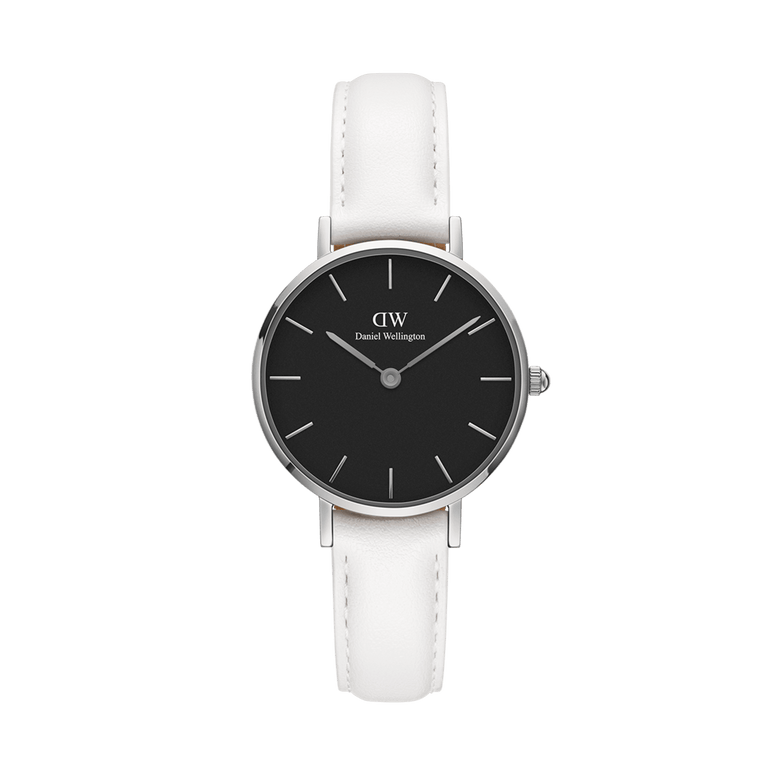 Petite Bondi Black Silver features a slim silver case, minimalist black dial, and an adjustable white leather strap, offering a stylish and comfortable option for women with petite wrists.