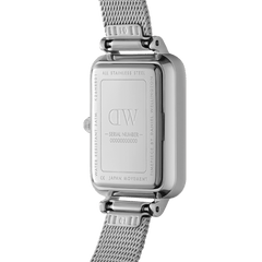Rear view of the Quadro Pressed Unitone Silver ladies watch showing the engraved stainless steel case, water resistance details, and the silver mesh strap.