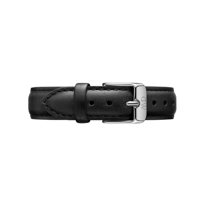 Black leather Sheffield Strap Silver with polished silver buckle, featuring neat stitching and a smooth, genuine leather finish suitable for both men’s and women’s watches.