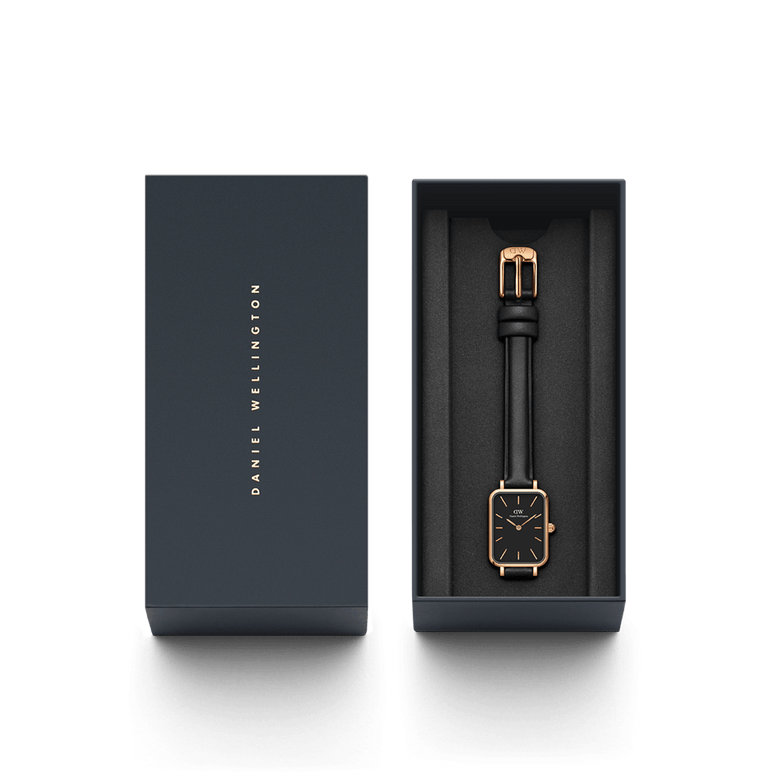 Quadro Pressed Sheffield B 29x36,5 Rose Gold ladies watch presented in a sleek gift box, featuring a rectangular black dial, rose gold case, and slim black leather strap, ideal for gifting or adding to a stylish collection.