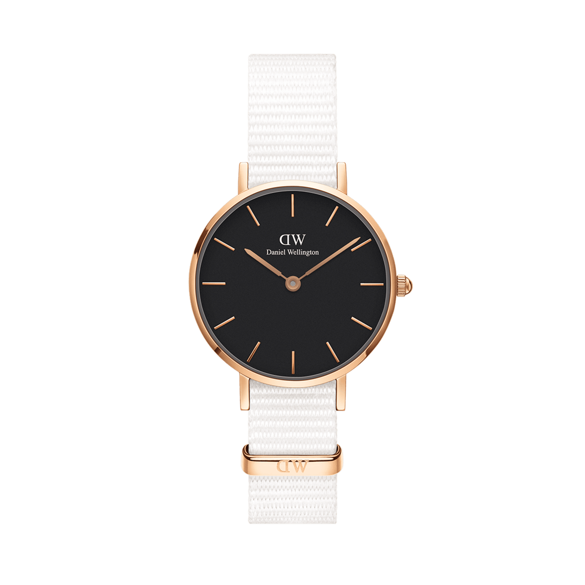 Petite Dover Black Rose Gold ladies watch with a rose gold case, minimalist black dial, and an adjustable white NATO strap, showcasing a modern and elegant design suitable for both casual and formal outfits.