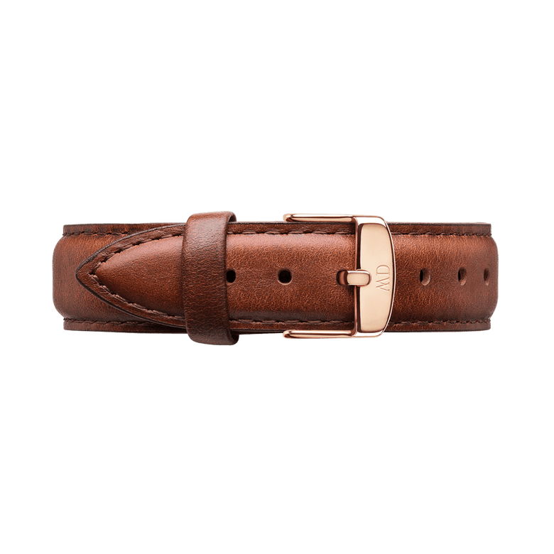 St Mawes Strap Rose Gold displays a rich brown genuine leather watch strap with a smooth finish, highlighted by a rose gold buckle and precise stitching for a refined, timeless style.