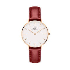 Petite Suffolk Rose Gold ladies watch featuring a slim rose gold case, minimalist white dial, and a rustic red genuine leather strap, ideal for both everyday and special occasions.