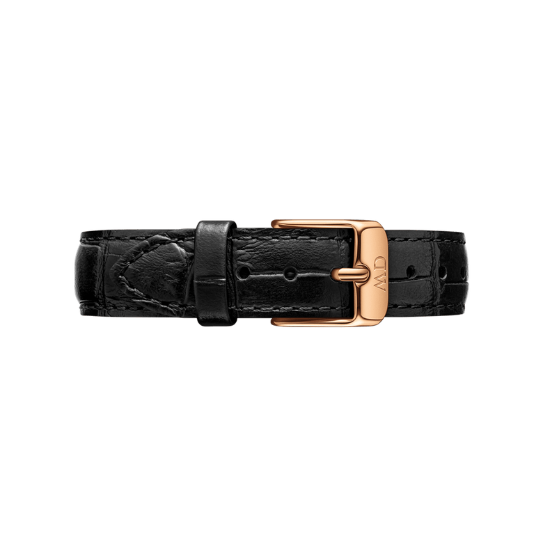 Genuine black croc leather Reading Strap Rose Gold with a rose gold buckle, featuring subtle embossed texture and multiple holes for easy adjustment.