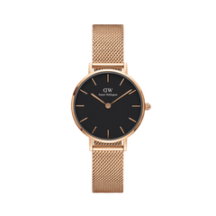 Petite Melrose Black Rose Gold watch with a black minimalist dial, slim rose gold hour markers, and a polished rose gold mesh strap, offering a refined and versatile look for women.
