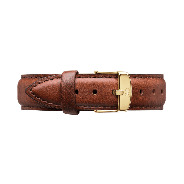 St Mawes Strap Gold features rich brown genuine leather with detailed stitching and a polished gold buckle, offering a stylish and comfortable replacement watch strap for Daniel Wellington watches.