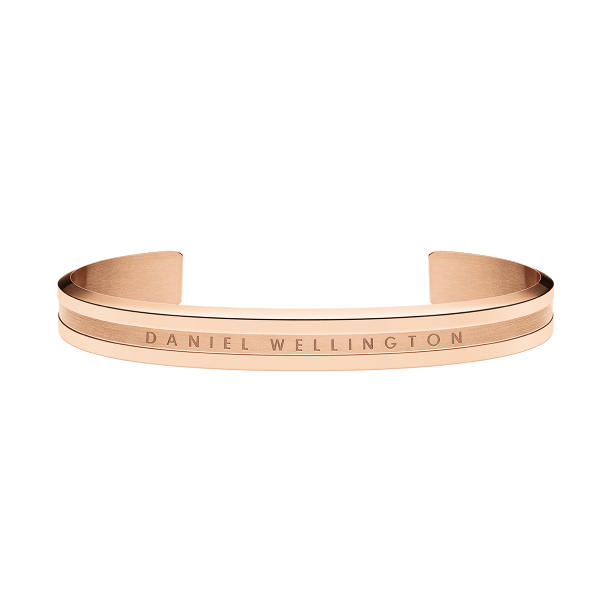 Rose gold Elan Bracelet by Daniel Wellington featuring a minimalist open cuff design, polished finish, and engraved logo, crafted from stainless steel with PVD plating.