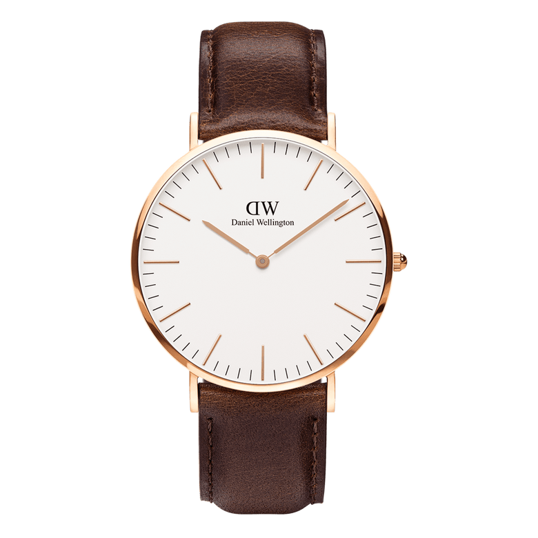 Classic Bristol Rose Gold watch with a minimalist eggshell white dial, slim rose gold case, and a dark brown genuine leather strap. The clean design and neutral tones make it a versatile accessory for both formal and casual outfits.