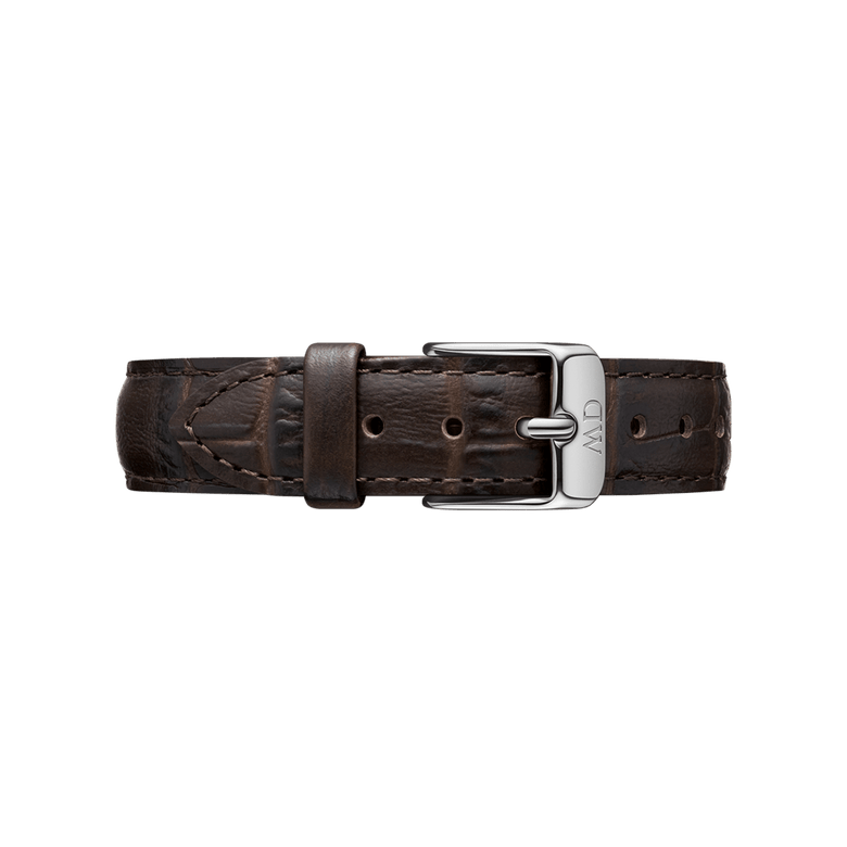York Strap Silver brown crocodile-embossed leather watch strap with polished silver buckle, detailed stitching, and adjustable holes for a comfortable, refined fit.