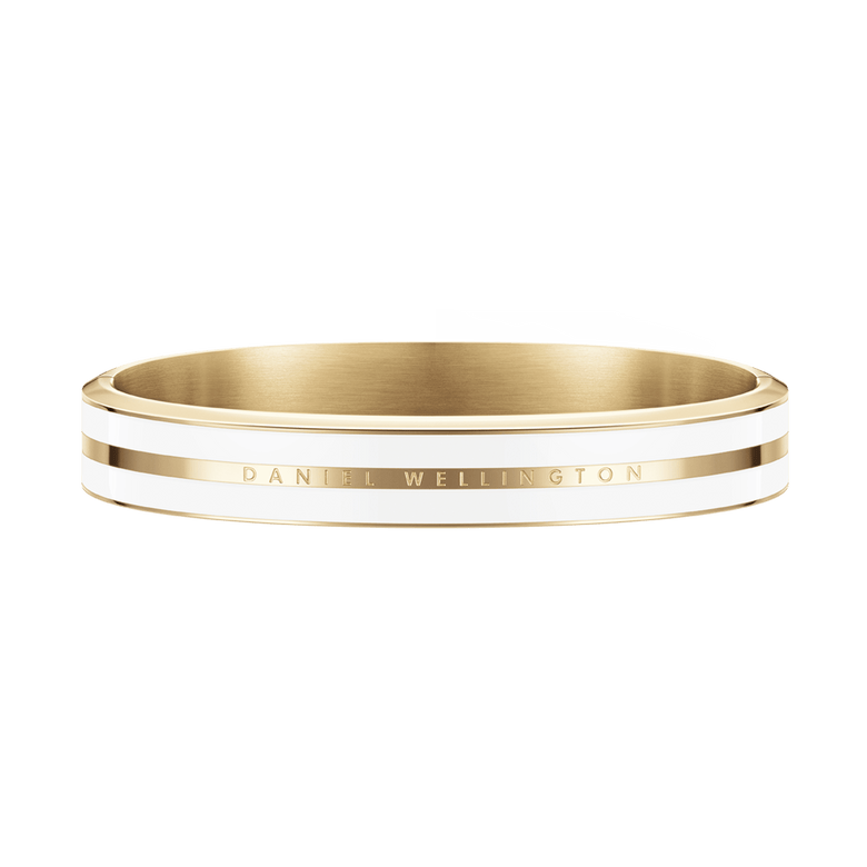 Refined Emalie Infinite Gold Satin White bracelet with a gold-tone stainless steel base, satin white enamel detail, and discreet Daniel Wellington branding, ideal for those who appreciate classic and versatile jewellery.