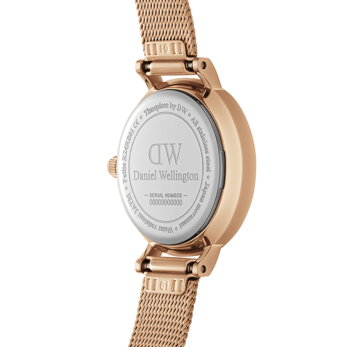 Back view of the Petite Pressed Melrose Rose Gold watch showing the engraved stainless steel case and rose gold mesh strap, highlighting its durable build and adjustable bracelet design.